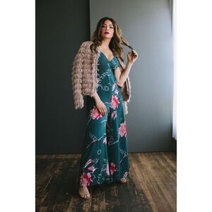 Jaase Teal Floral Bird Wide Leg Jumpsuit Boho Resort Festival M